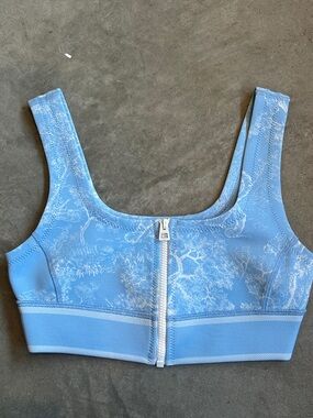 Dior Light Blue Front-Zip Floral-Print Sports Bra